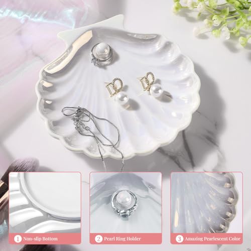 Shell Ring Holder Dish, Shell Jewelry Tray, Trinket Dish, Cute Decorations for Coastal Home Decor, Bathroom Decor, 5.5", White - style: Shell White