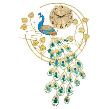 Large Peahen Wall Clock for Living Room Decor, Mid Century Decorative Big Peacock Wall Clocks Non-Ticking Silent 3D Creative Luxury Peacock Clock for Dining Room Bedroom