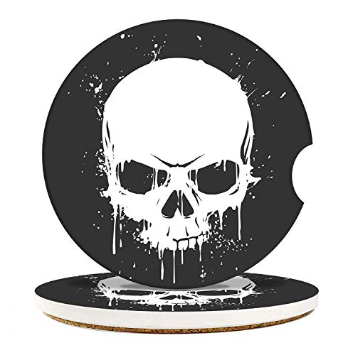 Skull Car Coasters for Drinks, 2 Pcs Ceramic Stone 2.56" | Gothic Skeleton Halloween Spooky Absorbent Non-Scratch Cork Base Cupholder Auto Accessories for Women Men - color: Skull1