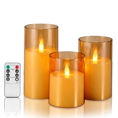 Flameless Candles with Remote, Set of 3 LED Pillar Candles (3" D x 4" 5" 6" H), Realistic Climbing Flame Battery Powered Candles for Home Wedding Christmas (Amber Ivory) - color: Amber, size: 3 Pack