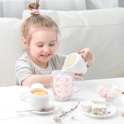 JarThenaAMCS Pink Bow Double Wall Glass Coffee Mugs 12Oz Cute Bowknot Heart Insulated Glasses Clear Espresso Cups with Handle for Home Holiday Supplies, Set of 2 - style: Pink Bow Heart