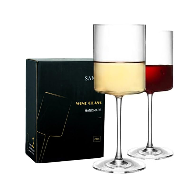 SANZO Square Crystal Wine Glasses Set of 2, Handmade Modern Red and White Wine Glasses, 15oz Tall Stemware for Home, Bar, or Gift Use(2PCS) - style: 2pcs