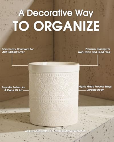 Kitchen Utensil Holder, 7.2" Super Large Utensil Crock Heavy and Stable Lace Emboss Ceramic Utensil Holder for Kitchen Counter (Lace Emboss) - color: Antique White