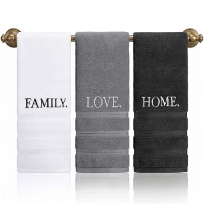 3 Pcs Farmhouse Decorative Hand Towels, Bathroom Kitchen Cotton Towel Set | 13.8x29.5 Inch Embroidery Cotton Hand Towels, Rustic Boho Decor for Bathroom Kitchen, Housewarming Gift(Family Love Home)