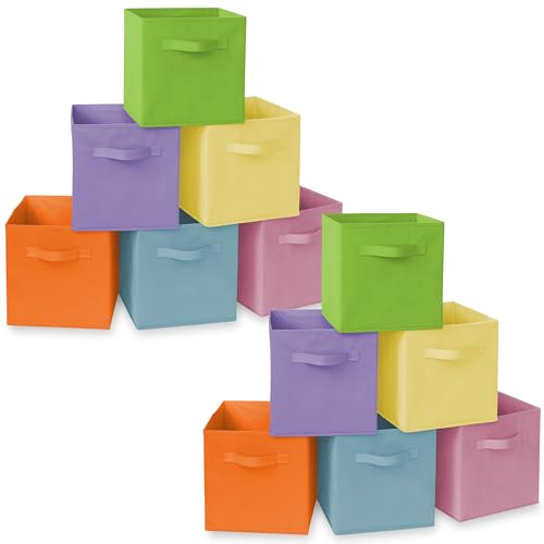 Casafield Set of 12 Collapsible Fabric Cube Storage Bins, Multicolor - 11" Foldable Cloth Baskets for Shelves, Cubby Organizers & More - color: Baby Blue, Lavender, Lime Green, Pink, Orange, Yellow, size: 10.5" x 10.5" x 11"