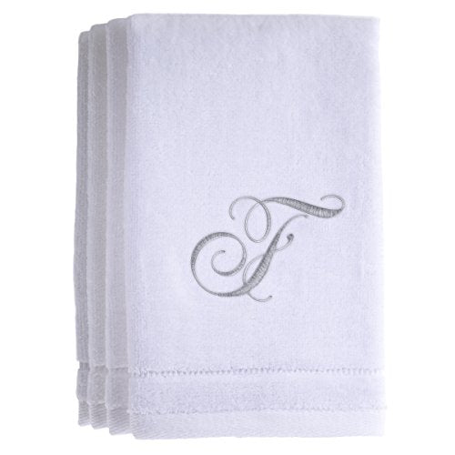 Monogrammed Towels Fingertip, Personalized Gift, 11 x 18 Inches - Set of 4- Silver Embroidered Towel - Extra Absorbent 100% Cotton- Soft Velour Finish - For Bathroom/ Kitchen/ Spa- Initial F (White) - color: F