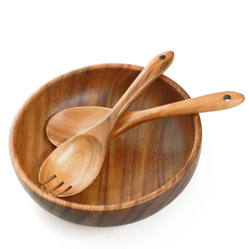 AOOSY Acacia Wood Salad Bowl Set of 3, 9Inch Handmade Wooden Salad Bowl | with Serving Spoon & Fork, Salad Mixing & Serving Set - size: 9inchX2.78inch