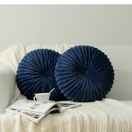 HIG Set of 2 Navy Flannel Decorative Round Pleated Throw Pillows | Vintage Floor Pillows, Classy Accent Pumpkin with Center Button, for Sofa Couch Vanity Chair Bed, 14.5" Diameter - color: F-navy