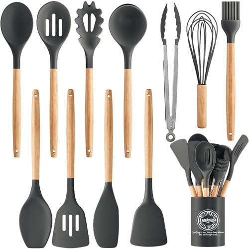 Silicone Cooking Utensil Set,12 PCS Cooking Kitchen Utensils Set, Nonstick Kitchen Utensils 446°F Heat-Resistant Cookware Kitchen Tools of Spoon,Brush,Whisk,Spatula,Turner Tongs (Gray) - color: Gray