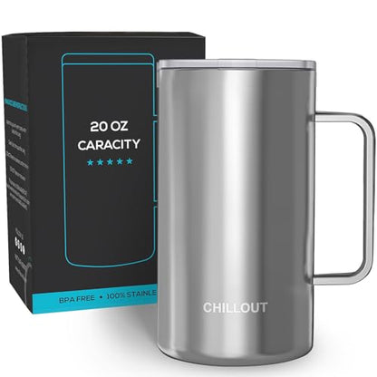 CHILLOUT LIFE Stainless Steel 20 oz Vacuum Insulated Coffee Mug with Handle and Lid, Large Thermal Camping Coffee Mug Cup with Durable Sliding Lid for Men & Women, Keeps your Beverages Hot/Cold - color: Stainless Steel, size: 20 Ounces