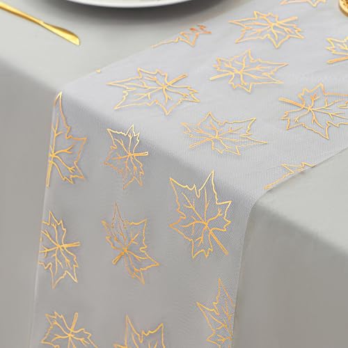 Snowkingdom 2 Pcs Gold Table Runner, Gold Maple Leaves Fall Thanksgiving Table Decorations for Autumn Harvest Sequin Glitter Lightweight White Thin Mesh Sparkle Farmhouse Dining Party Decor 108 Inch - color: Gold Leaves, size: 9FTx2