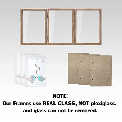 WUTL 3 Picture Frame Triple Collage 5x7 Frames with Real Glass Wood Grain | Trifold Photo Frame, Hinged Foldable, Crystal Clear Real Glass - color: Wood Grain, size: 5x7