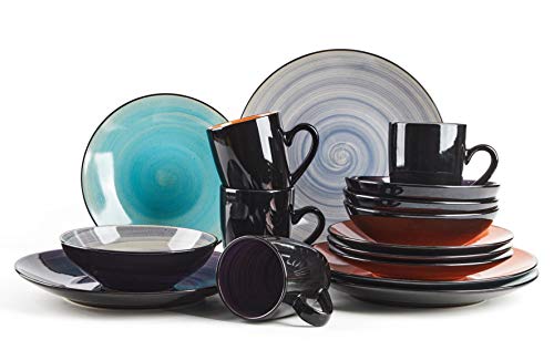 HomeVss Sonoma 16 Piece Stoneware Dinner Set, Samoa, Outside Black + Inside Hand painted Combi Colors of Grey, Orange, Purple and Turquoise) with speckle - color: Combi Grey, Orange, Purple and Turquoise