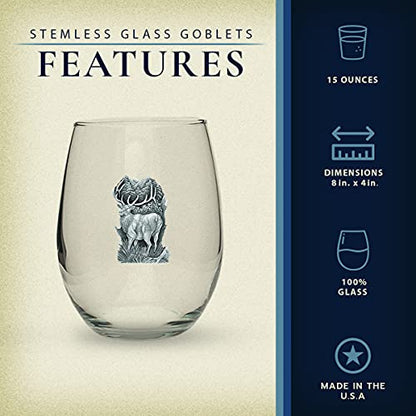 Heritage Pewter Elk Stemless Glass Goblets – Set of 2 | 15 OZ Goblet Wine Glasses | Expertly Crafted Pewter Glass - style: Elk