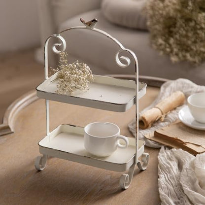 Decorative French Retro Distress Tray for Living Room and Hotel Tray Metal Iron White Trays for Home Decor 2-Tier Serving Tray Decor for Coffee Table