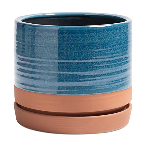 HERDUK 8 Inch Pots for Plants, Ceramic Planter Pot with Drainage Hole & Saucer, Indoor/Outdoor Cylinder Round Planter Pot, Blue & Terracotta - color: Aqua Blue & Terracotta Red, size: 8 Inch