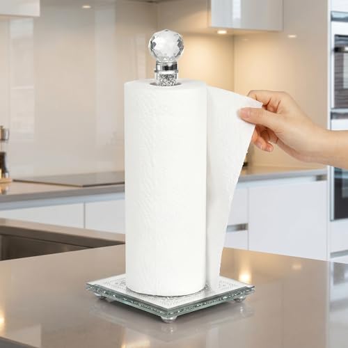 Paper Towel Holder Countertop, Silver Paper Towel Roll Dispenser Stand Weighted Base Non Slip Filled with Sparkly Crystal Crushed Diamond for Home Kitchen Bathroom Tabletop - color: Silver