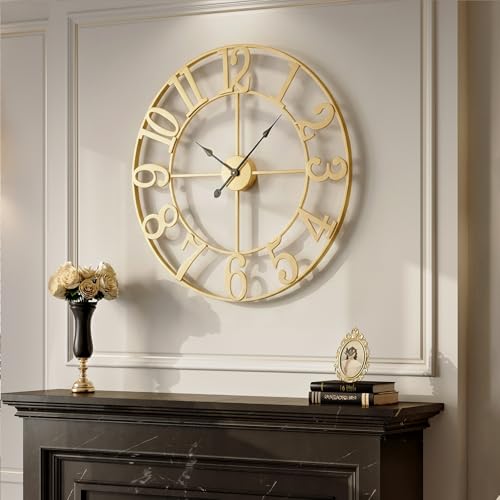 Cuspin Large Wall Clock for Living Room Decor, 30 Inch Gold Wall Clock Battery-Operated Silent Non Ticking, Modern Gold Decorative Metal Clock with Arabic Numerals - color: Gold Arabic Number, size: 30 Inch