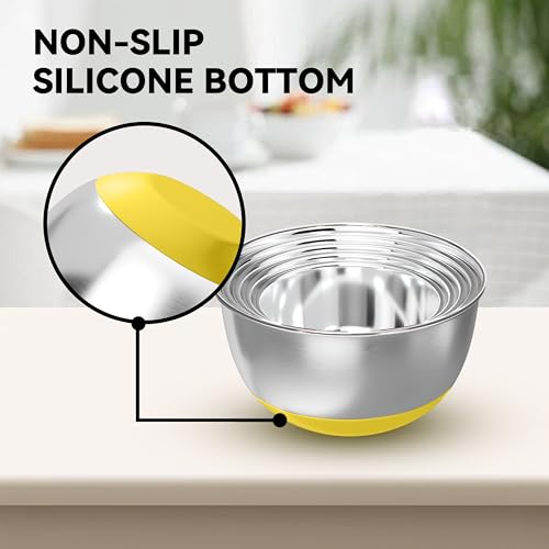 KITEISCAT Stainless Steel Mixing Bowls with Lids – Set of 5 Large Nesting Metal Bowls for Kitchen, Baking, Cooking, Food Prep & Storage, Non-Slip Base, Dishwasher Safe,Yellow - color: Yellow