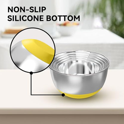 KITEISCAT Stainless Steel Mixing Bowls with Lids – Set of 5 Large Nesting Metal Bowls for Kitchen, Baking, Cooking, Food Prep & Storage, Non-Slip Base, Dishwasher Safe,Yellow - color: Yellow