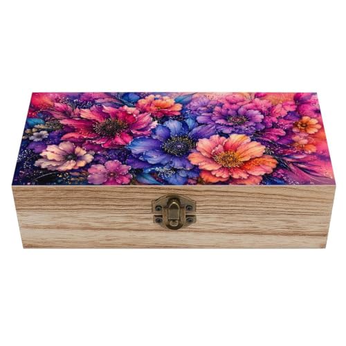 Floral Pattern Vibrant Colors Wooden Storage Box Decorative Keepsake Box with Metal Lock Vintage Organizer Container Jewelry Photo Letter Memory Box Rustic Home Desk Storage Gift Box - color: Floral Pattern Vibrant Colors
