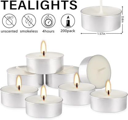 200 Pack,4 Hour Long time Burning,Unscented Tea Lights Candles,White, Smokeless, Dripless,for Weddings, Home, Pool,Shabbat - color: 200 White
