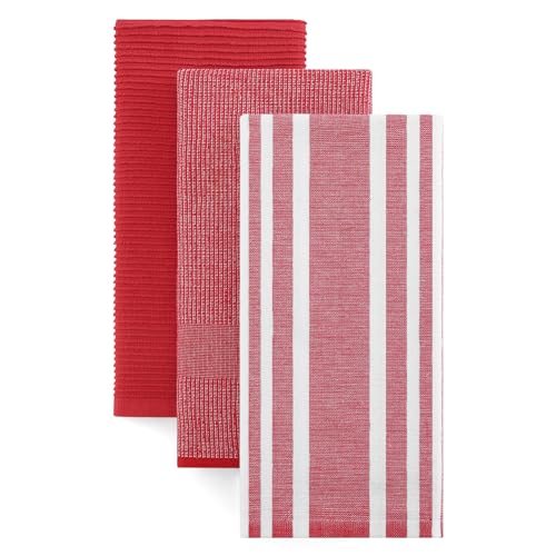 Homaxy Cotton 380 GSM Premium Kitchen Towels, 18"x 28", 3 Pack, Red | Soft and Absorbent Terry Dish Towels, Multipurpose Tea Towel Set with Hanging Loop, 3 Styles Kitchen Hand Towels - color: Red, size: 18" X 28" - 3 Pack