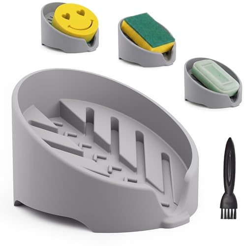 NiHome Silicone Sponge Holder for Kitchen Sink, Fits Scrub Daddy Mommy | Self-Draining Dispenser Organizer Tray, Sink Caddy Countertop Fits Soaps, Scrubber, Dishwasher Safe, Includes Brush - color: Light Gray