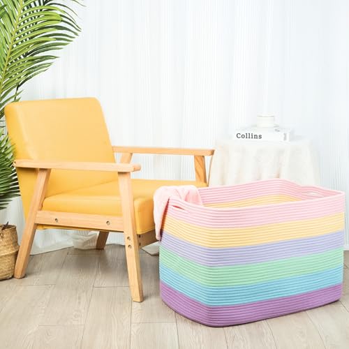 112L Extra Large Blanket Basket Holder Living Room, 25"x17"x16" Rectangle Rope Woven Storage Basket with Handles for Laundry, Towels, Shoes, Dog Toy Organizer Bin Box, Pastel Rainbow