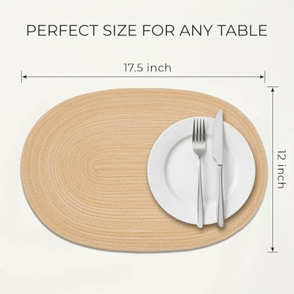 Placemats Set of 4, Woven Oval Braided Dining Table Mats(Beige Brown) | 12 x 17.5 Inch Size Fits Plates and Flatware; Hand Washable and Heat Resistant for Kitchen Use, with Farmhouse and Boho Style - color: Beige Brown, size: 4 pcs
