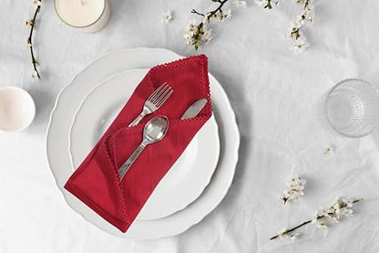 ACCENTHOME Red Set of 6 18x18 inch Cotton Linen Dinner Napkins | Cotton Linen Blend Napkins, Machine Wash On Gentle Cycle, Economy Pack, Multi Purpose Use, Cotton - color: 21 - Red - Lace, size: 18" x 18" (Set of 6)