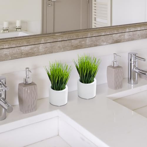 MyGift Artificial Grass Plants in Modern Cylindrical White Cement Pots, Decorative Faux Greenery Plant in Tabletop Planter, Set of 2 - color: White (Round)
