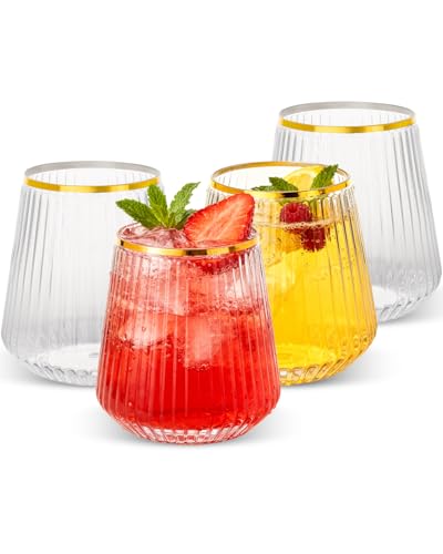 Goodluck 80 Pack 12oz Stemless Clear Ribbed Plastic Wine Glasses Gold Rim | Fancy Reusable Disposable Drinkware for Weddings, Parties, Bars, Indoor and Outdoor Events - color: Clear and Gold