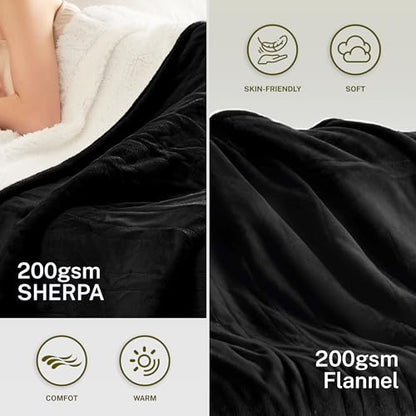 Heat Blanket 62”x84” Twin Size,Soft Flannel & Sherpa Reversible Electric Blanket with 10 Heat Settings,12 Timer Setting and 8 Hours Auto-Shut Off,ETL Certified Machine Washable,Black - color: Black, size: 62*84in