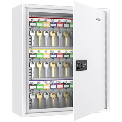 Uniclife 60 Position Steel Key Cabinet with Combination & Key Lock, White | Wall mount key lock box, resettable 4-digit code lock, 2 backup keys, thickened steel, large capacity, adjustable rack&labels - color: White, size: 60 Keys