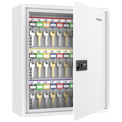 Uniclife 60 Position Steel Key Cabinet with Combination & Key Lock, White | Wall mount key lock box, resettable 4-digit code lock, 2 backup keys, thickened steel, large capacity, adjustable rack&labels - color: White, size: 60 Keys