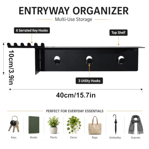 Wall Mounted Coat and Key Rack, Durable Entryway Hanger for Hats & Bags | Entryway Shelf with Hooks, Wall Organizer for Keys, Coats, Bags, Multi-Use Storage & Décor Shelf for Hallway, Bedroom, Office