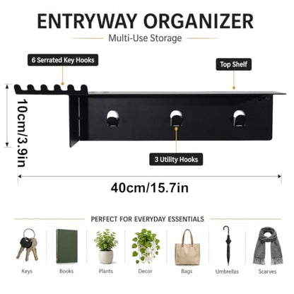 Wall Mounted Coat and Key Rack, Durable Entryway Hanger for Hats & Bags | Entryway Shelf with Hooks, Wall Organizer for Keys, Coats, Bags, Multi-Use Storage & Décor Shelf for Hallway, Bedroom, Office