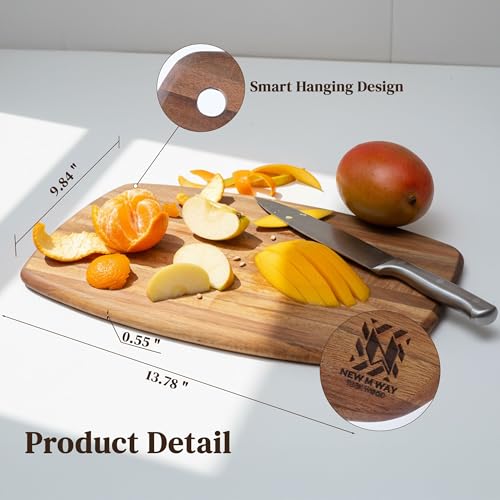 Acacia Wood Cutting Board 14 x 10 Inch Oval, 0.6" Thin Edge Grain, Handle & Hanging Hole, for Fruit, Cheese, Bread, Kitchen Prep, Non-Toxic BPA/Plastic Free, Solid Hardwood by New M Way - size: 13.8"L x 9.8"W
