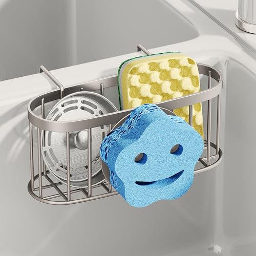 SWTYMIKI Sponge Holder for Kitchen Sink - Movable Sink Caddy with Smiley Face Sponge Holder, Rustproof Hanging Sponge Organizer in Double Bowl Sinks Depth>3.15in, Middle Divider<1.5in, Sand Nickel - color: Sand Nickel-smiley Sponge Holder