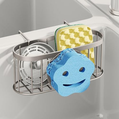 SWTYMIKI Sponge Holder for Kitchen Sink - Movable Sink Caddy with Smiley Face Sponge Holder, Rustproof Hanging Sponge Organizer in Double Bowl Sinks Depth>3.15in, Middle Divider<1.5in, Sand Nickel - color: Sand Nickel-smiley Sponge Holder