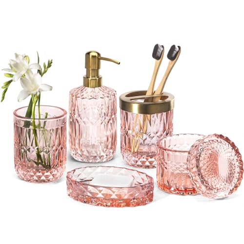 EMPO 6PCS Bathroom Clear Glass Accessories Set (Lotion Soap Dispenser, Soap Dish, Toothbrush Holder, Tumbler, Cotton Swab Jar), Contemporary Modern Decor Crystal Vintage Gift (6pcs Light Pink) - style: 6pcs Light Pink