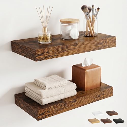 16 inchs Floating Shelves for Wall Mounted Set of 2,Rustic Wood Floating Shelf with Invisible Brackets for Small Bathroom,Bedroom,Living Room,Modern Home Decor -Rustic Brown - color: Rustic Brown, size: 16''W x 7.9''D x 1.5''H,Set of 2-MDF