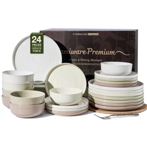 Stoneware Dinnerware Set for 8, Plates & Bowls, Multicolor | 24-Piece Ceramic Speckled Spiral Dishes, Chip & Scratch Resistant, Microwave & Dishwasher Safe, Everyday Use, Farmhouse Style - color: Multicolor, size: Service for 8 (24pc)