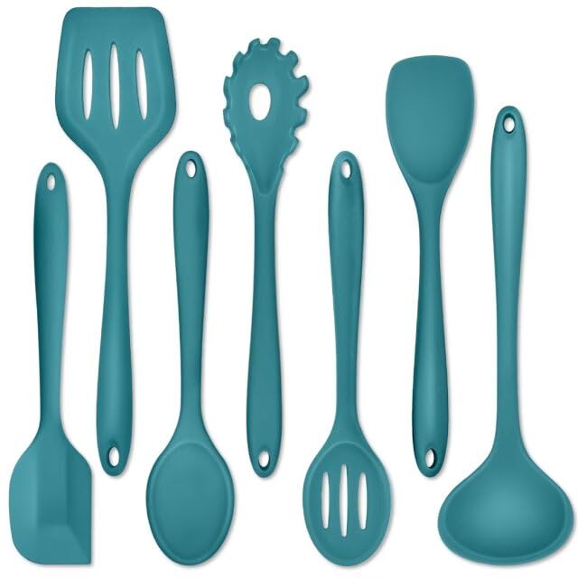 P&P CHEF Blue Kitchen Utensils, Silicone Cooking Utensil Set of 7 | Soft Spatula for Nonstick Cookware, Slotted Turner, Soup Ladle, Pasta Server, Spoon for Cooking, Dishwasher Safe & Heat Proof - color: Blue