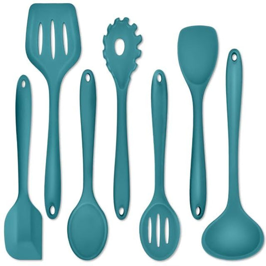 P&P CHEF Blue Kitchen Utensils, Silicone Cooking Utensil Set of 7 | Soft Spatula for Nonstick Cookware, Slotted Turner, Soup Ladle, Pasta Server, Spoon for Cooking, Dishwasher Safe & Heat Proof - color: Blue