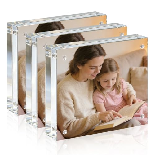Acrylic Frame, 8x8 Picture Frame 3 Pack, 20MM Thicker Block, Double Sided Magnetic Clear Freestanding Photo Frame for Desk or Tabletop Display - size: 8x8" 3pack
