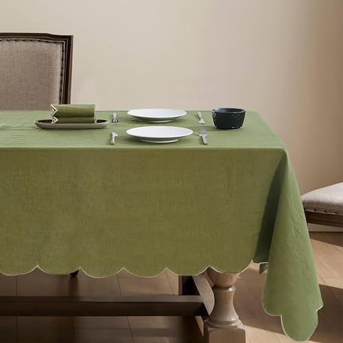 100% French Flax Linen Tablecloths Scalloped Embroidery Rectangle 84Lx60W Inch for Dinners, Parties, Spring, Easter, Machine Washable, 6-8 Sets, 60''x84'', Olive Green(Edges-Gold) - color: Olive Green(edges-gold), size: 84" x 60" (Rectangular)
