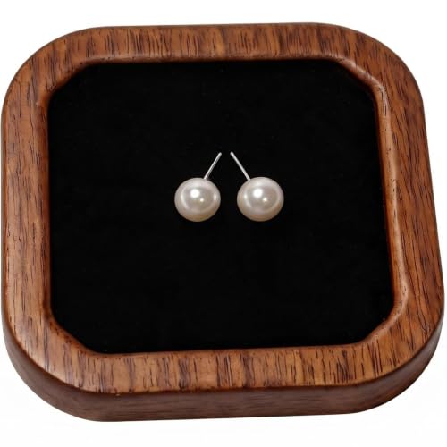 Wooden Jewelry Tray, Ring Holder Trinket Dish, Walnut Wood with Black Velvet Lining, 3.7 x 3.7 Inch, Square