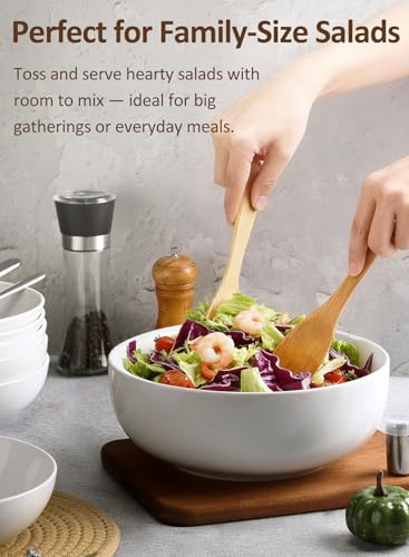 Pasta Serving Bowls 120 Ounce 9.7” Large Serving Bowls, Porcelain Salad Bowls for Kitchen, Big White Soup Bowls, Oven Dishwasher Safe, Set of 2 | Smooth Glaze, Easy-Clean, Stackable, Oven/Microwave/Dishwasher/Freezer Safe, Deep enough for Soup, Fruit, and